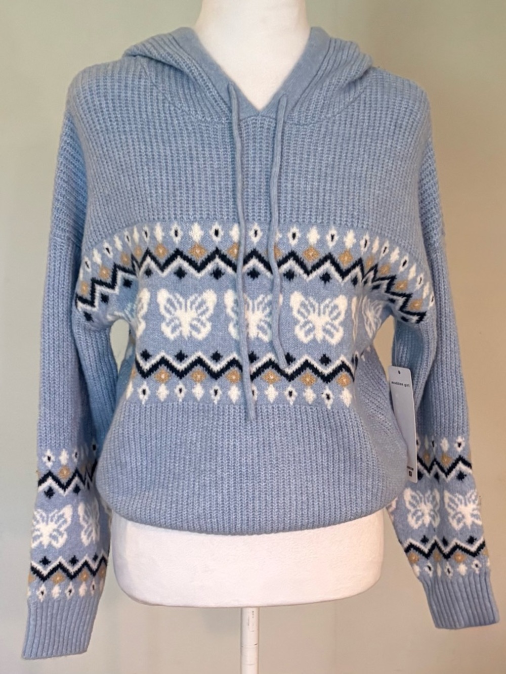 NWT Madden Girl Sweater Hoodie Light Blue Fair Isle Butterfly Pattern, Size M